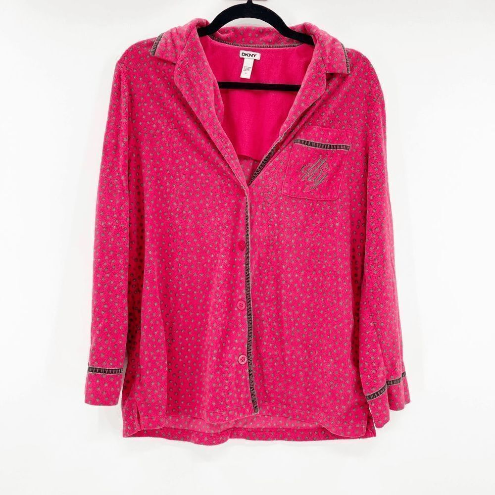 DKNY Red Gray AllโOver Print Button Frontโ Collared Fleece Pajama Top Women's M